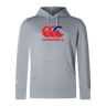 The Canterbury Samoa CCC Club Lightweight Hoodie by WRS Canterbury features a red and blue logo prominently on the gray chest and a smaller white logo on the left sleeve. Made of durable polyester, it offers versatile style and comfort.