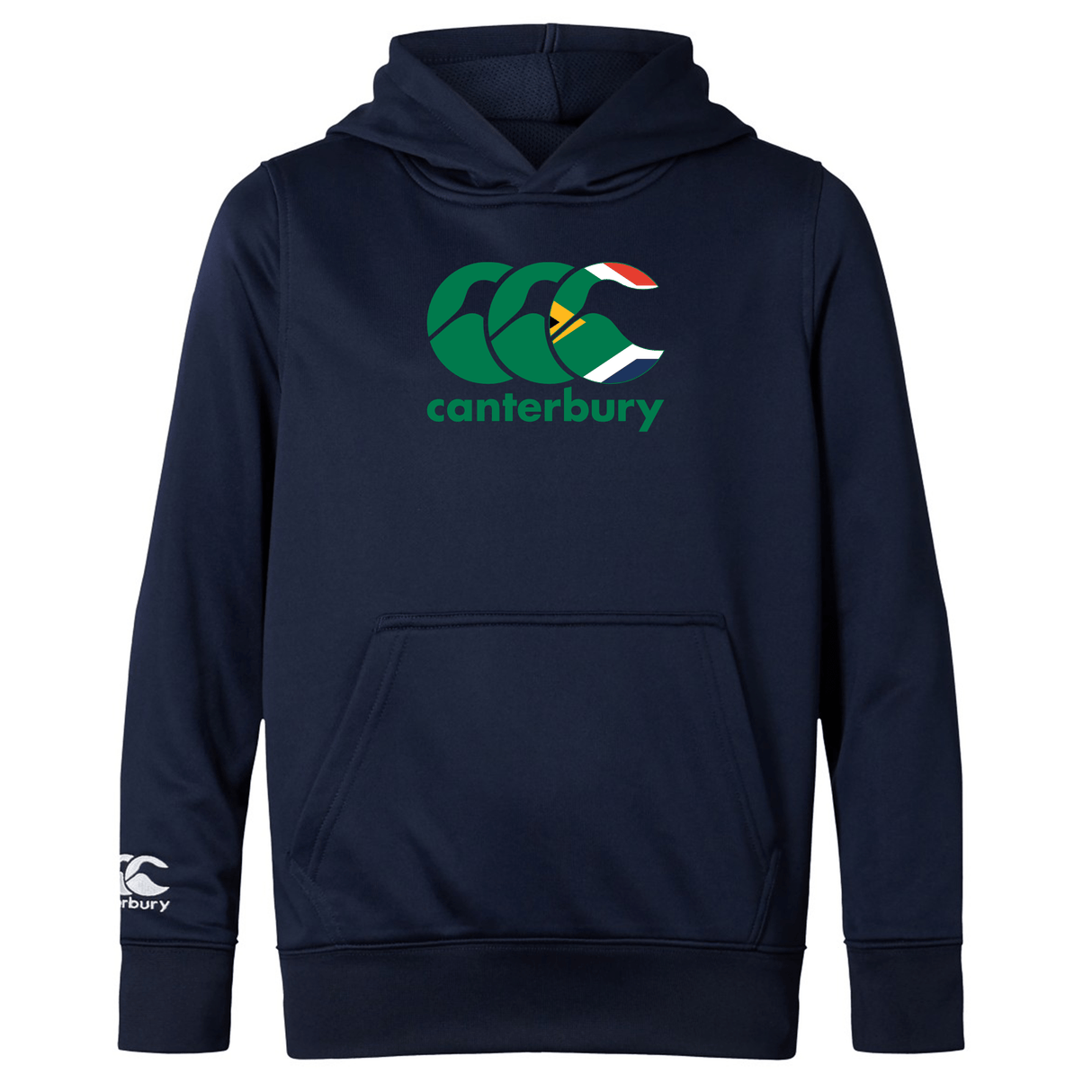 The Canterbury South Africa CCC Club Lightweight Hoodie by WRS Canterbury is navy blue, made of polyester, and features a large logo on the chest with a smaller one on the left sleeve. This lightweight hoodie offers comfort and style for any occasion.