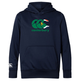 The Canterbury South Africa CCC Club Lightweight Hoodie by WRS Canterbury is navy blue, made of polyester, and features a large logo on the chest with a smaller one on the left sleeve. This lightweight hoodie offers comfort and style for any occasion.