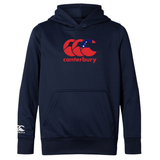 The Canterbury Samoa CCC Club Lightweight Hoodie by WRS Canterbury is a navy hoodie featuring a bold red logo with Samoan flag elements on the chest and a smaller sleeve logo, crafted from high-quality polyester for everyday wear.