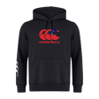 The Canterbury Samoa CCC Flag Club Hoodie by WRS Canterbury features a sleek black design, a red Canterbury logo with a star accent on the chest, and a white logo on the left sleeve.