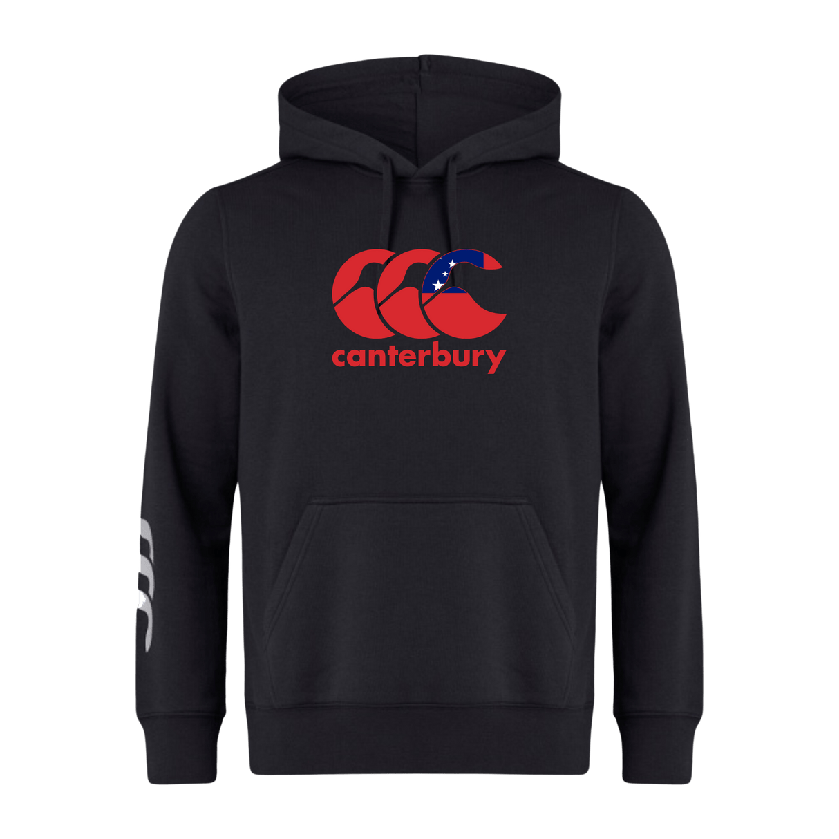 The Canterbury Samoa CCC Flag Club Hoodie by WRS Canterbury features a sleek black design, a red Canterbury logo with a star accent on the chest, and a white logo on the left sleeve.
