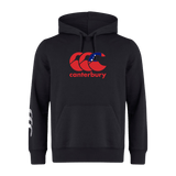 The Canterbury Samoa CCC Flag Club Hoodie by WRS Canterbury features a sleek black design, a red Canterbury logo with a star accent on the chest, and a white logo on the left sleeve.