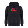 The Canterbury Samoa CCC Flag Club Hoodie by WRS Canterbury features a sleek black design, a red Canterbury logo with a star accent on the chest, and a white logo on the left sleeve.