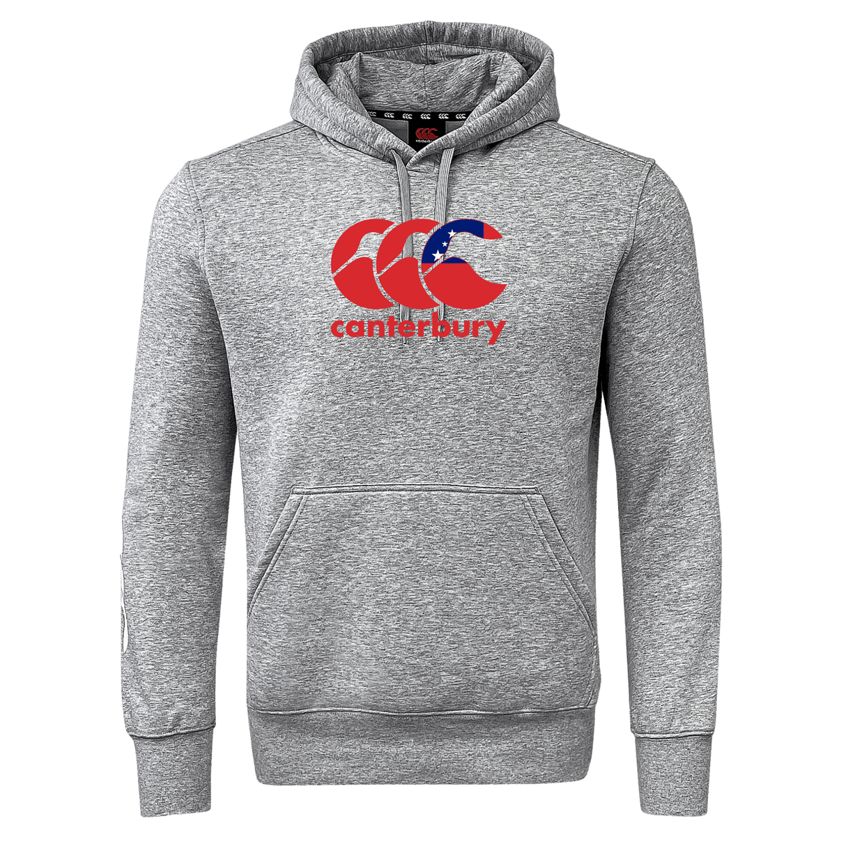 The WRS Canterbury Samoa CCC Flag Club Hoodie is a gray sweatshirt with a hood, kangaroo pocket, and features a large red and blue Canterbury logo on the chest, perfect for showcasing your sporty style while staying cozy.
