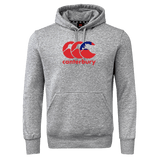 The WRS Canterbury Samoa CCC Flag Club Hoodie is a gray sweatshirt with a hood, kangaroo pocket, and features a large red and blue Canterbury logo on the chest, perfect for showcasing your sporty style while staying cozy.
