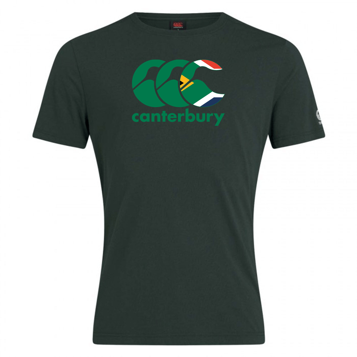 The WRS Canterbury South Africa CCC Flag Club T-Shirt features a soft cotton blend and the Canterbury Kiwi Logo with vibrant South African flag colors, perfect for any club member.