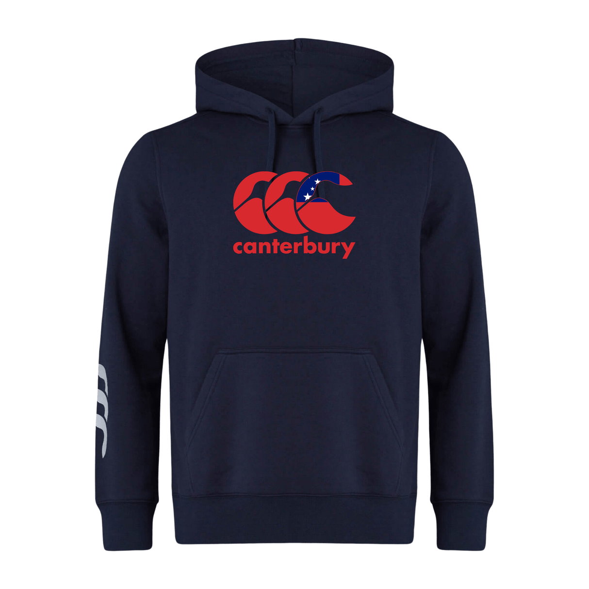 The Canterbury Samoa CCC Flag Club Hoodie by WRS Canterbury features a bold red logo with a Southern Cross motif and "canterbury" text on the chest, plus white stripes on the left sleeve, all in navy blue.