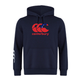 The Canterbury Samoa CCC Flag Club Hoodie by WRS Canterbury features a bold red logo with a Southern Cross motif and "canterbury" text on the chest, plus white stripes on the left sleeve, all in navy blue.