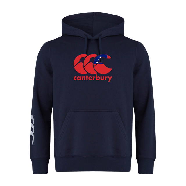 The Canterbury Samoa CCC Flag Club Hoodie by WRS Canterbury features a bold red logo with a Southern Cross motif and "canterbury" text on the chest, plus white stripes on the left sleeve, all in navy blue.