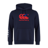 The Canterbury Samoa CCC Flag Club Hoodie by WRS Canterbury features a bold red logo with a Southern Cross motif and "canterbury" text on the chest, plus white stripes on the left sleeve, all in navy blue.