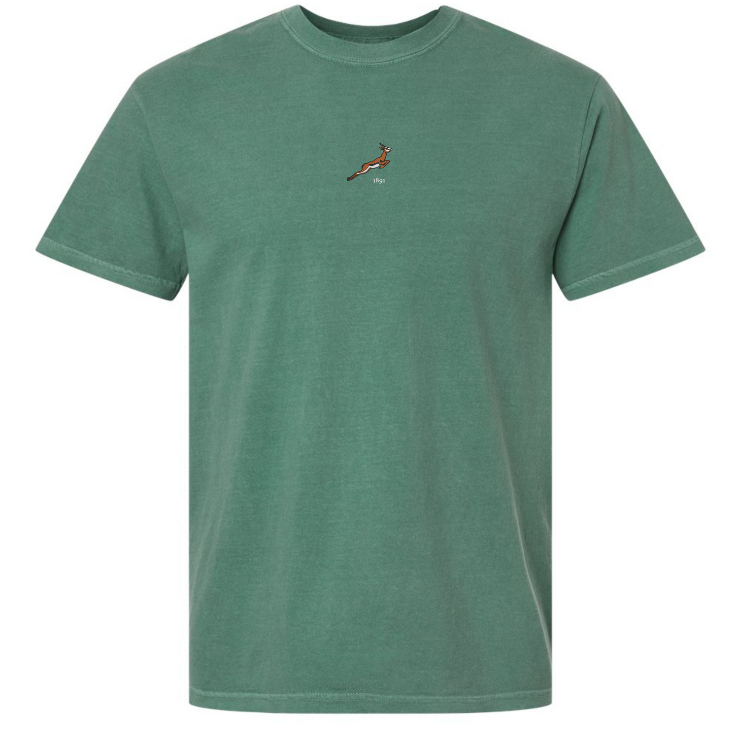 The EMB S&S Activewear South Africa Vintage Comfort Tee is a green short-sleeve heavyweight shirt with a small embroidered antelope logo on the chest, ideal for rugby fans who prefer casual style.