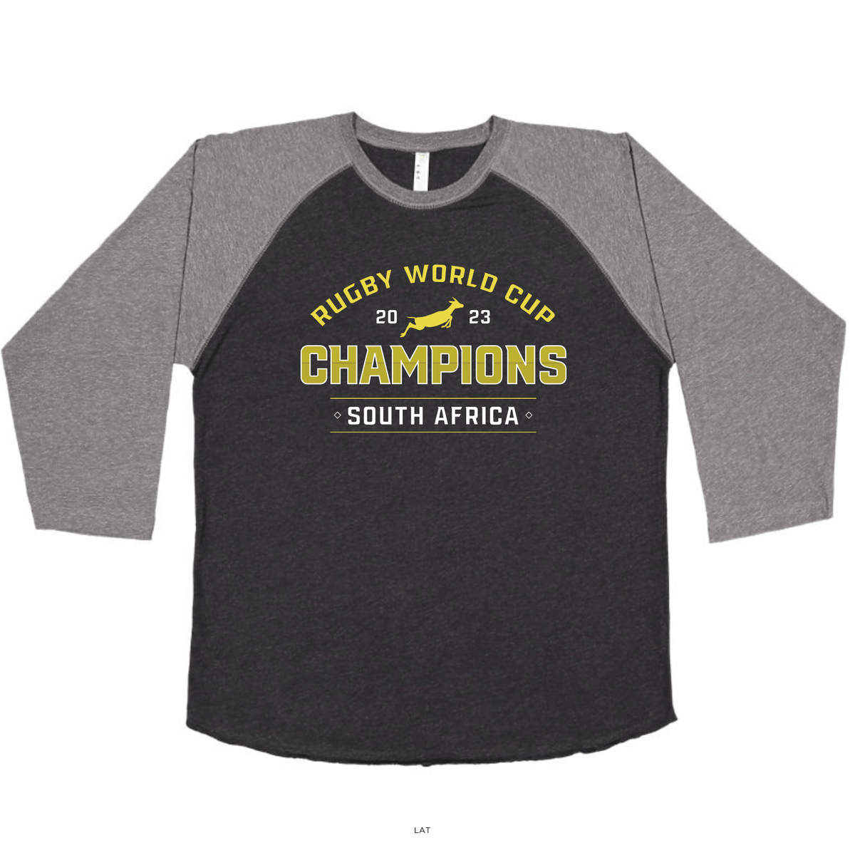 This South Africa RWC 23 Champions Baseball Tee by WRS LAT commemorates the Rugby World Cup victory of South Africa, known as the Springboks rugby. Representing the extraordinary accomplishment of securing the title, this tee proudly showcases the team's success.