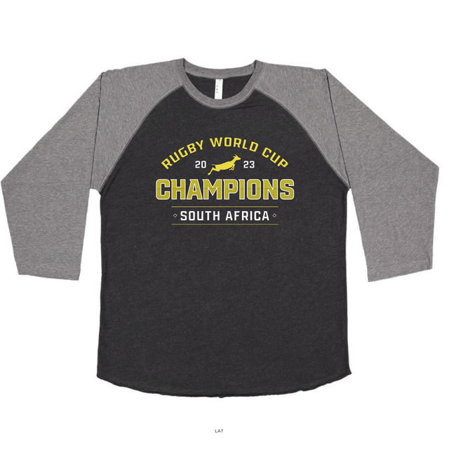 This South Africa RWC 23 Champions Baseball Tee by WRS LAT commemorates the Rugby World Cup victory of South Africa, known as the Springboks rugby. Representing the extraordinary accomplishment of securing the title, this tee proudly showcases the team's success.