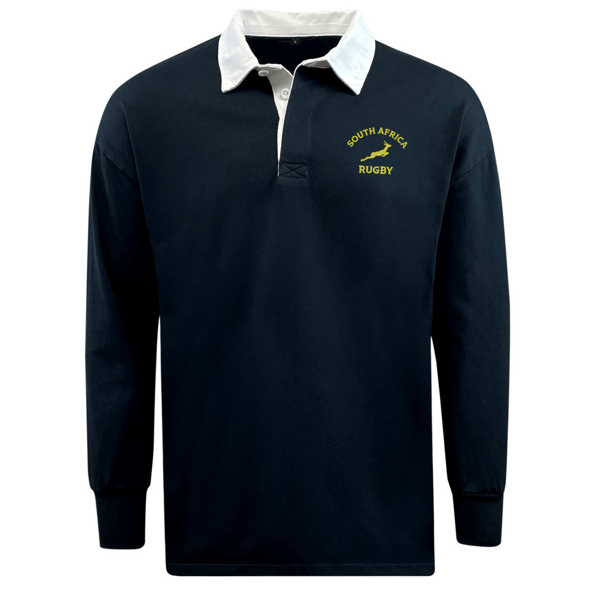 The EMB Mudoo Nations of Rugby South Africa Rugby Classic Jersey 24 is a long-sleeve dark green jersey with a white collar, springbok emblem on the left chest, and yellow "South Africa Rugby" logo—crafted for fan comfort.