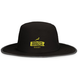 The EMB Augusta Nations of Rugby South Africa Brush Stroke Boonie Hat is black, features moisture-wicking fabric, and displays a yellow "South Africa Rugby" logo with a springbok icon on the front.
