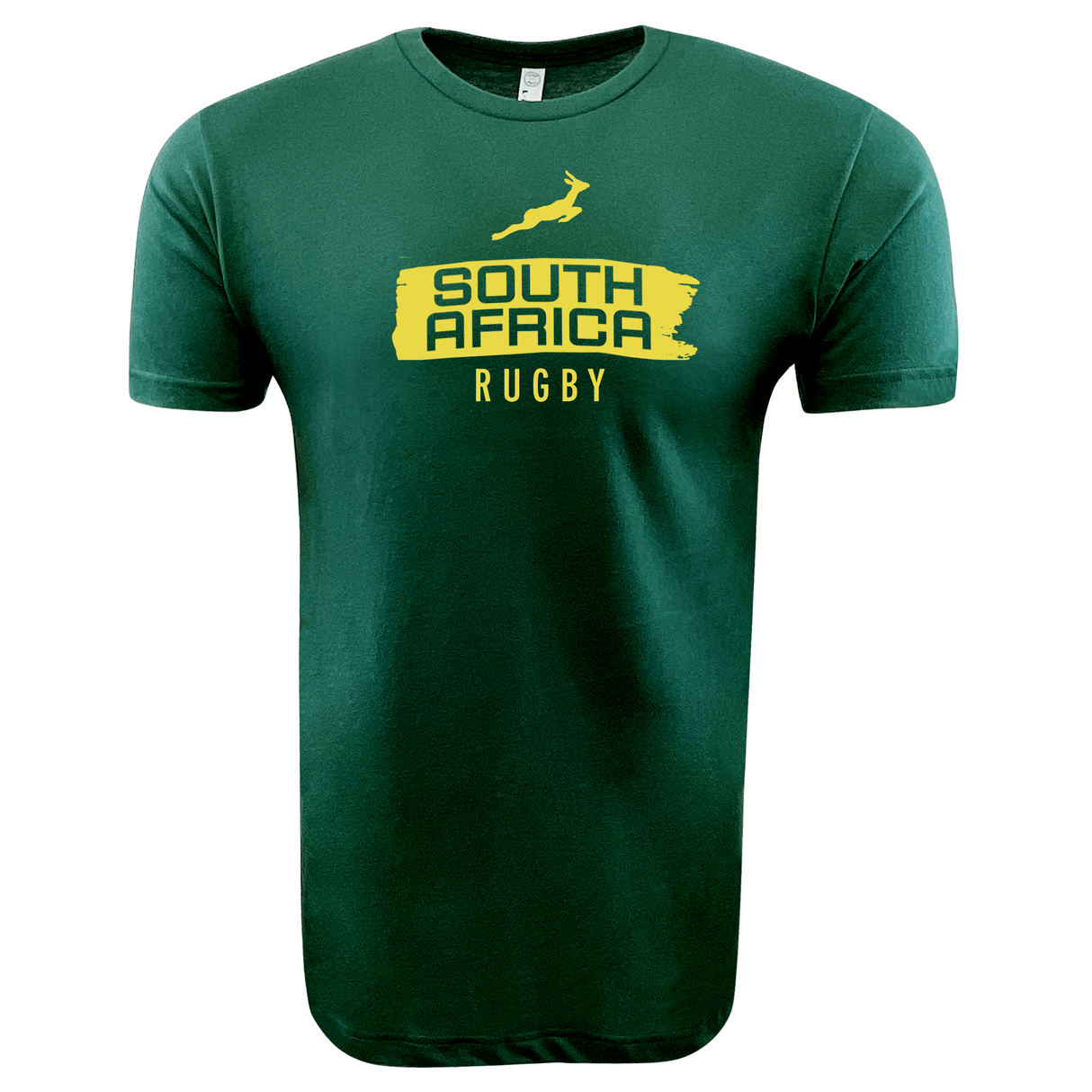Green cotton fabric Nations of Rugby South Africa Brush Stroke Supersoft Tee 24 with WRS LAT logo and a silhouette of a rugby player.