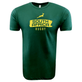 Green cotton fabric Nations of Rugby South Africa Brush Stroke Supersoft Tee 24 with WRS LAT logo and a silhouette of a rugby player.