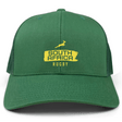 The EMB S&S Activewear Nations of Rugby South Africa Brush Stroke Retro Trucker Cap features a green design, "South Africa Rugby" lettering, yellow springbok logo on the front, and an adjustable snapback closure.