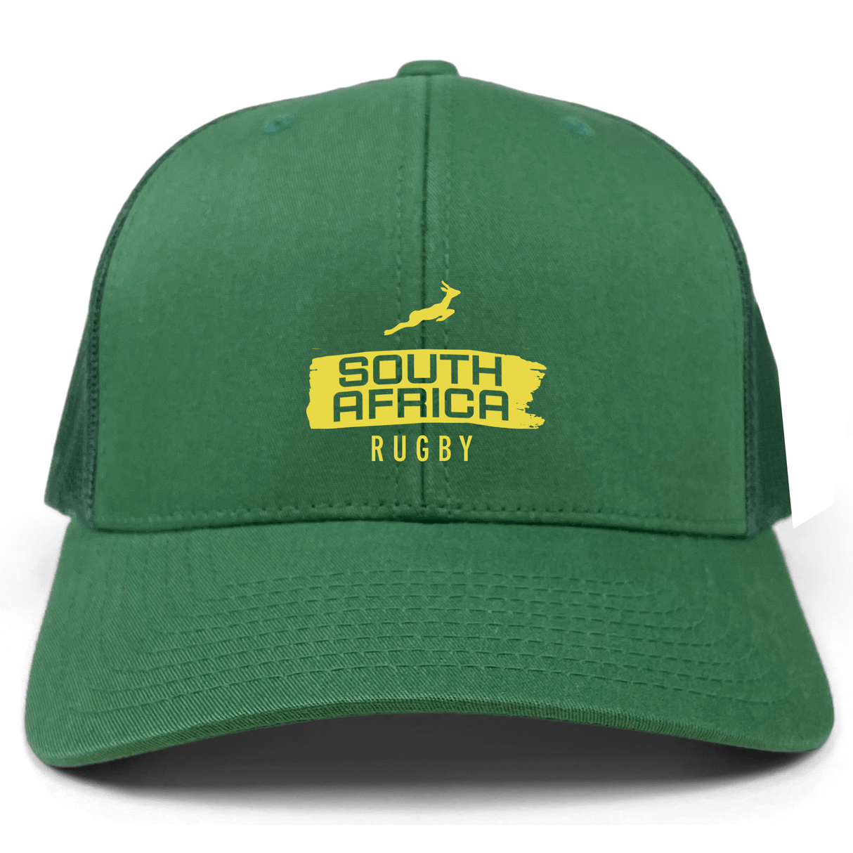 The EMB S&S Activewear Nations of Rugby South Africa Brush Stroke Retro Trucker Cap features a green design, "South Africa Rugby" lettering, yellow springbok logo on the front, and an adjustable snapback closure.