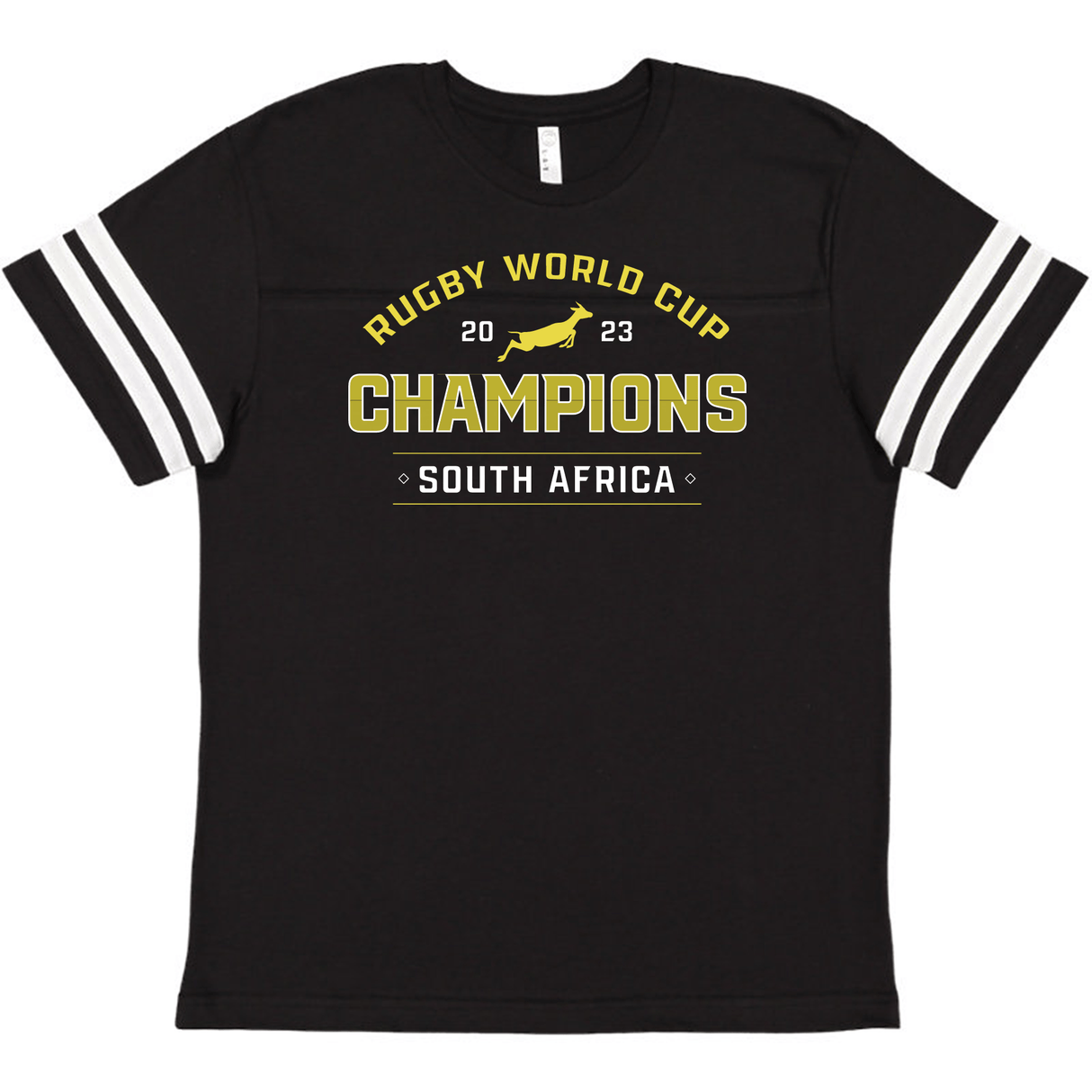 A WRS LAT South Africa RWC 23 Champions Football Tee with white stripes.