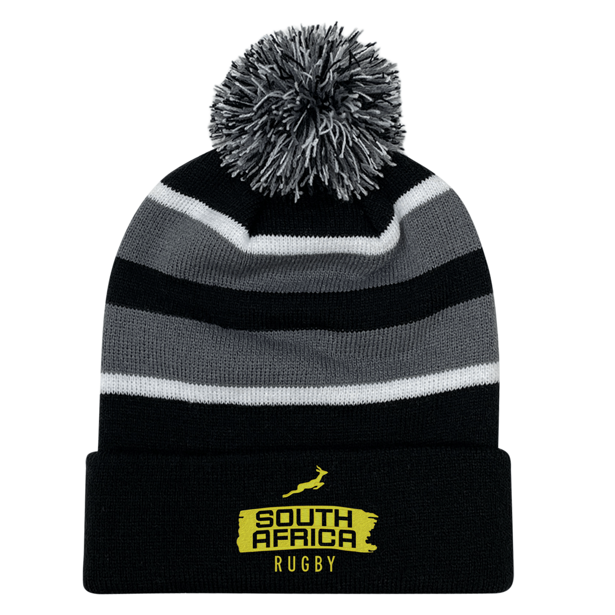 The EMB Augusta Nations of Rugby South Africa Brush Stroke Hooped Pom-Pom Beanie features black and gray stripes, a pom-pom top, and a "South Africa Rugby" logo—perfect for any Springboks fan.