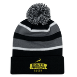 The EMB Augusta Nations of Rugby South Africa Brush Stroke Hooped Pom-Pom Beanie features black and gray stripes, a pom-pom top, and a "South Africa Rugby" logo—perfect for any Springboks fan.