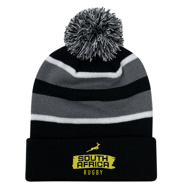 The EMB Augusta Nations of Rugby South Africa Brush Stroke Hooped Pom-Pom Beanie features black and gray stripes, a pom-pom top, and a "South Africa Rugby" logo—perfect for any Springboks fan.