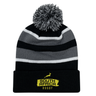 The EMB Augusta Nations of Rugby South Africa Brush Stroke Hooped Pom-Pom Beanie features black and gray stripes, a pom-pom top, and a "South Africa Rugby" logo—perfect for any Springboks fan.