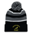 The EMB Augusta Nations of Rugby South Africa Hooped Pom-Pom Beanie features black, grey, and white stripes, a pom-pom top, "South Africa Rugby" text, and a yellow Springbok logo on the cuff—perfect for fans.
