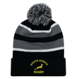 The EMB Augusta Nations of Rugby South Africa Hooped Pom-Pom Beanie features black, grey, and white stripes, a pom-pom top, "South Africa Rugby" text, and a yellow Springbok logo on the cuff—perfect for fans.