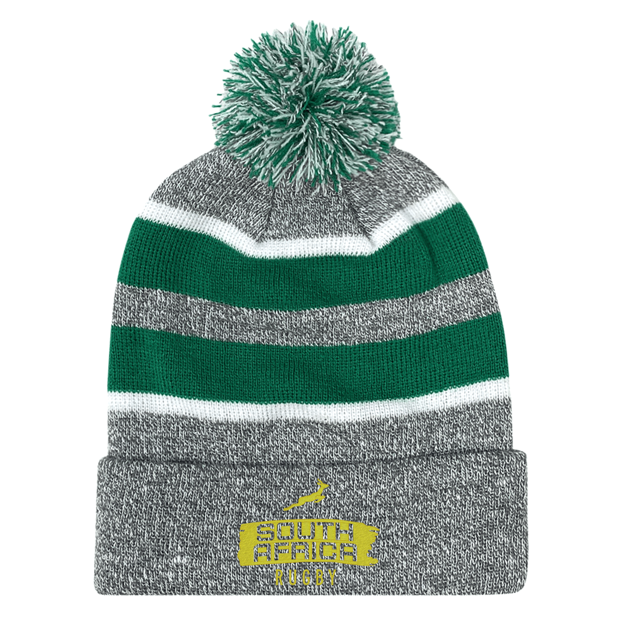 The EMB Augusta Nations of Rugby South Africa Brush Stroke Hooped Pom-Pom Beanie features gray, green, and white knit with a top pom-pom and "South Africa Rugby" embroidered in yellow—a perfect supporter accessory.