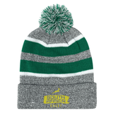 The EMB Augusta Nations of Rugby South Africa Brush Stroke Hooped Pom-Pom Beanie features gray, green, and white knit with a top pom-pom and "South Africa Rugby" embroidered in yellow—a perfect supporter accessory.