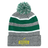 The EMB Augusta Nations of Rugby South Africa Brush Stroke Hooped Pom-Pom Beanie features gray, green, and white knit with a top pom-pom and "South Africa Rugby" embroidered in yellow—a perfect supporter accessory.