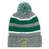 The EMB Augusta Nations of Rugby South Africa Hooped Pom-Pom Beanie features green, white, and grey stripes, a pom-pom top, and "South Africa Rugby" text with a map graphic on the front—ideal for any South African rugby supporter.