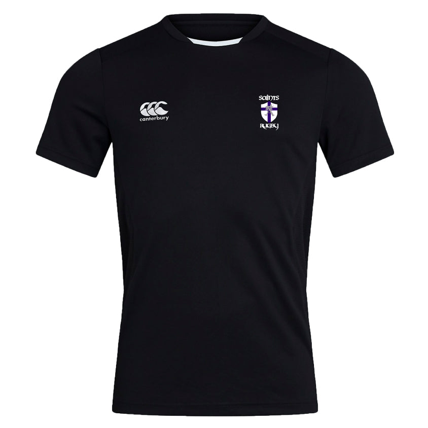 Black St. Augustine High School Club Dry Tee by EMB Canterbury, showcasing Vapodri Technology for efficient quick drying and breathability. It features white logos on the chest: "CCC Canterbury" on the left and "Saints Rugby" with a crest on the right.