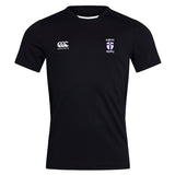 Black St. Augustine High School Club Dry Tee by EMB Canterbury, showcasing Vapodri Technology for efficient quick drying and breathability. It features white logos on the chest: "CCC Canterbury" on the left and "Saints Rugby" with a crest on the right.