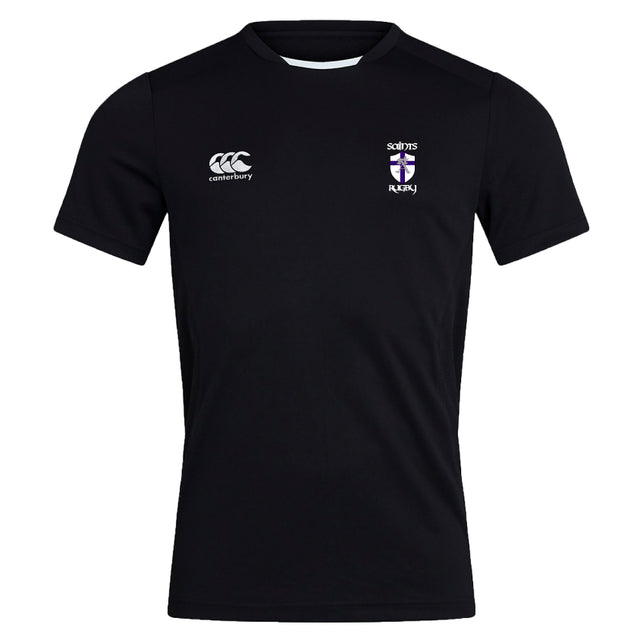 Black St. Augustine High School Club Dry Tee by EMB Canterbury, showcasing Vapodri Technology for efficient quick drying and breathability. It features white logos on the chest: "CCC Canterbury" on the left and "Saints Rugby" with a crest on the right.