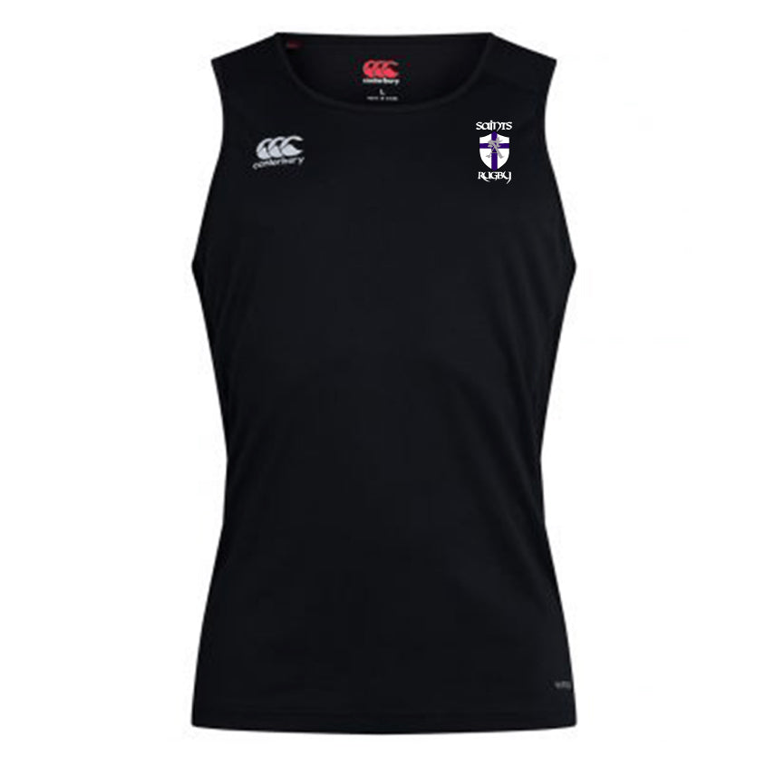 The black, sleeveless St. Augustine High School Club Dry Singlet by EMB Canterbury features Vapodri Technology, with a white logo on the left chest and a Canterbury brand logo on the right chest. It's the perfect athletic gear for efficient training sessions.