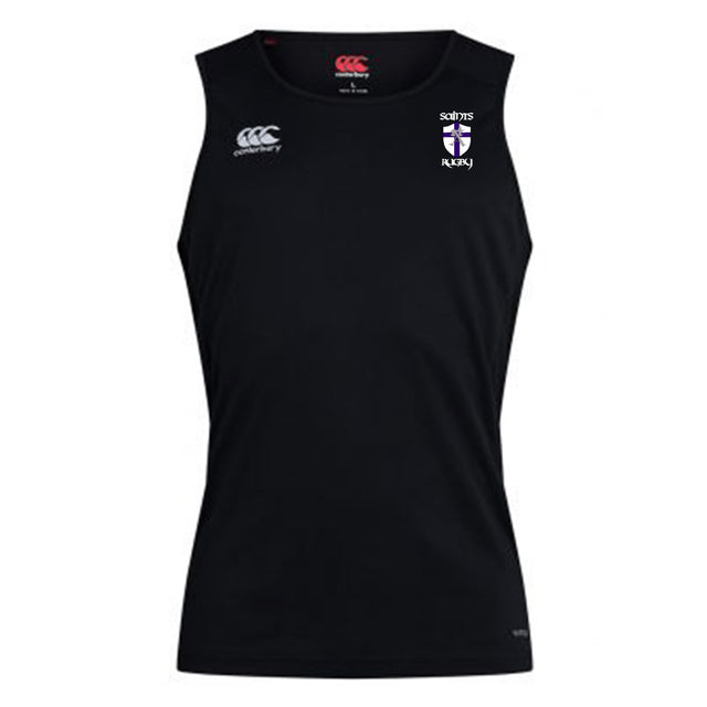 The black, sleeveless St. Augustine High School Club Dry Singlet by EMB Canterbury features Vapodri Technology, with a white logo on the left chest and a Canterbury brand logo on the right chest. It's the perfect athletic gear for efficient training sessions.