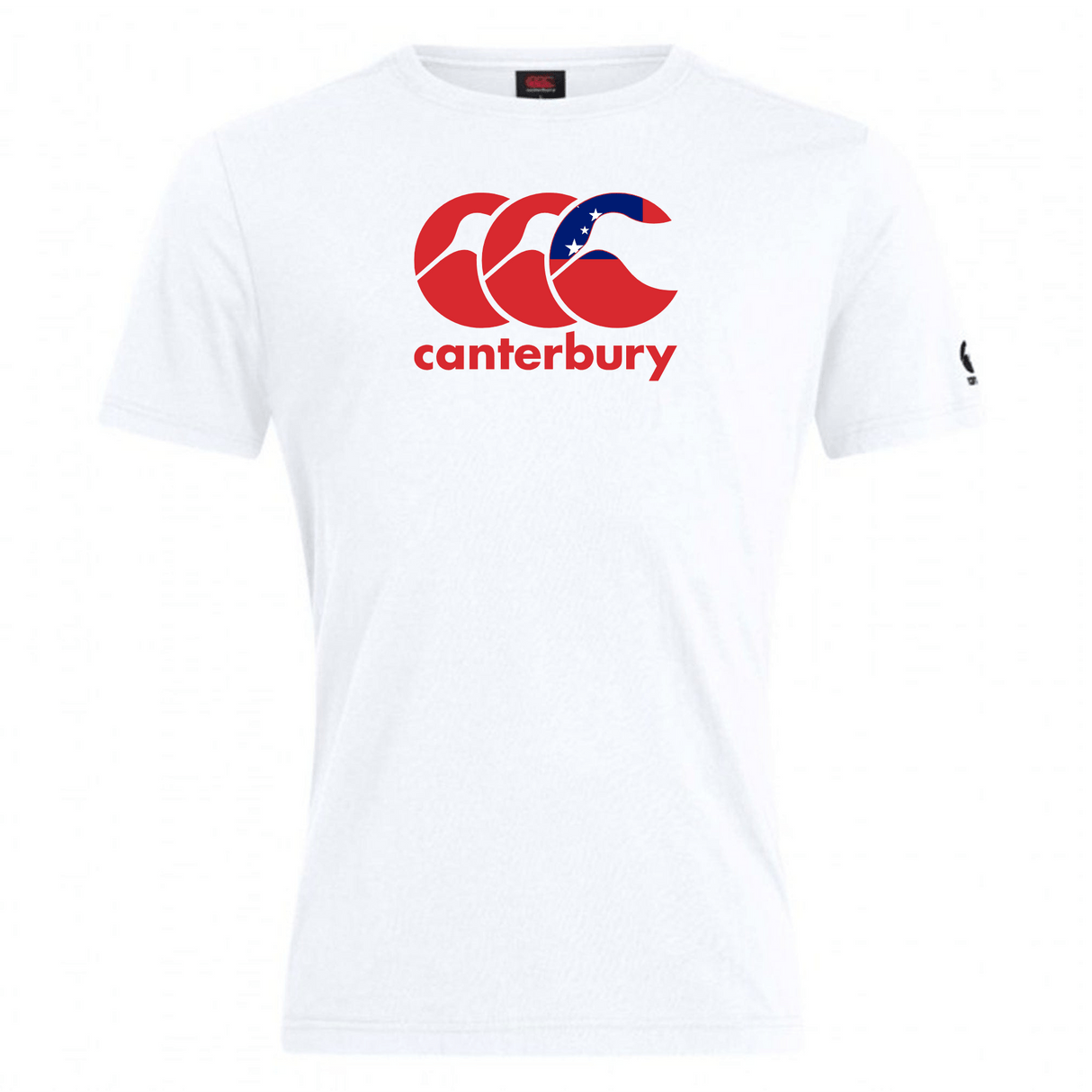 The Canterbury Samoa CCC Flag Club T-Shirt by WRS Canterbury is a white tee displaying a red and blue logo with a wave design, made from a comfy cotton blend.