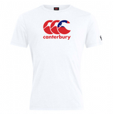 The Canterbury Samoa CCC Flag Club T-Shirt by WRS Canterbury is a white tee displaying a red and blue logo with a wave design, made from a comfy cotton blend.