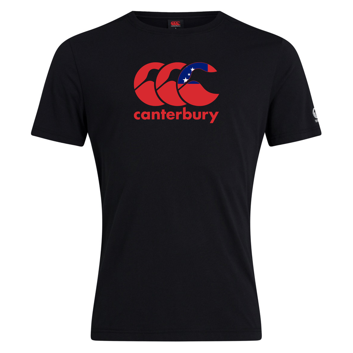 The Canterbury Samoa CCC Flag Club T-Shirt by WRS Canterbury features a black design with the Kiwi logo in red and white, crafted from a soft cotton blend.