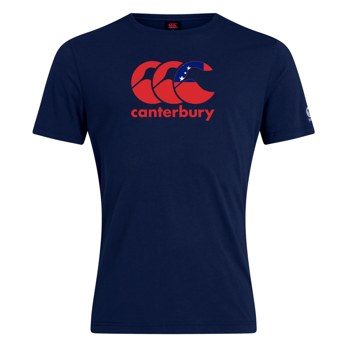 This WRS Canterbury Samoa CCC Flag Club T-shirt, in navy blue, showcases a striking red Canterbury Kiwi Logo with "canterbury" text. Made from a soft cotton blend, it's perfect for comfort and style.