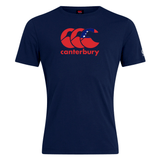 This WRS Canterbury Samoa CCC Flag Club T-shirt, in navy blue, showcases a striking red Canterbury Kiwi Logo with "canterbury" text. Made from a soft cotton blend, it's perfect for comfort and style.