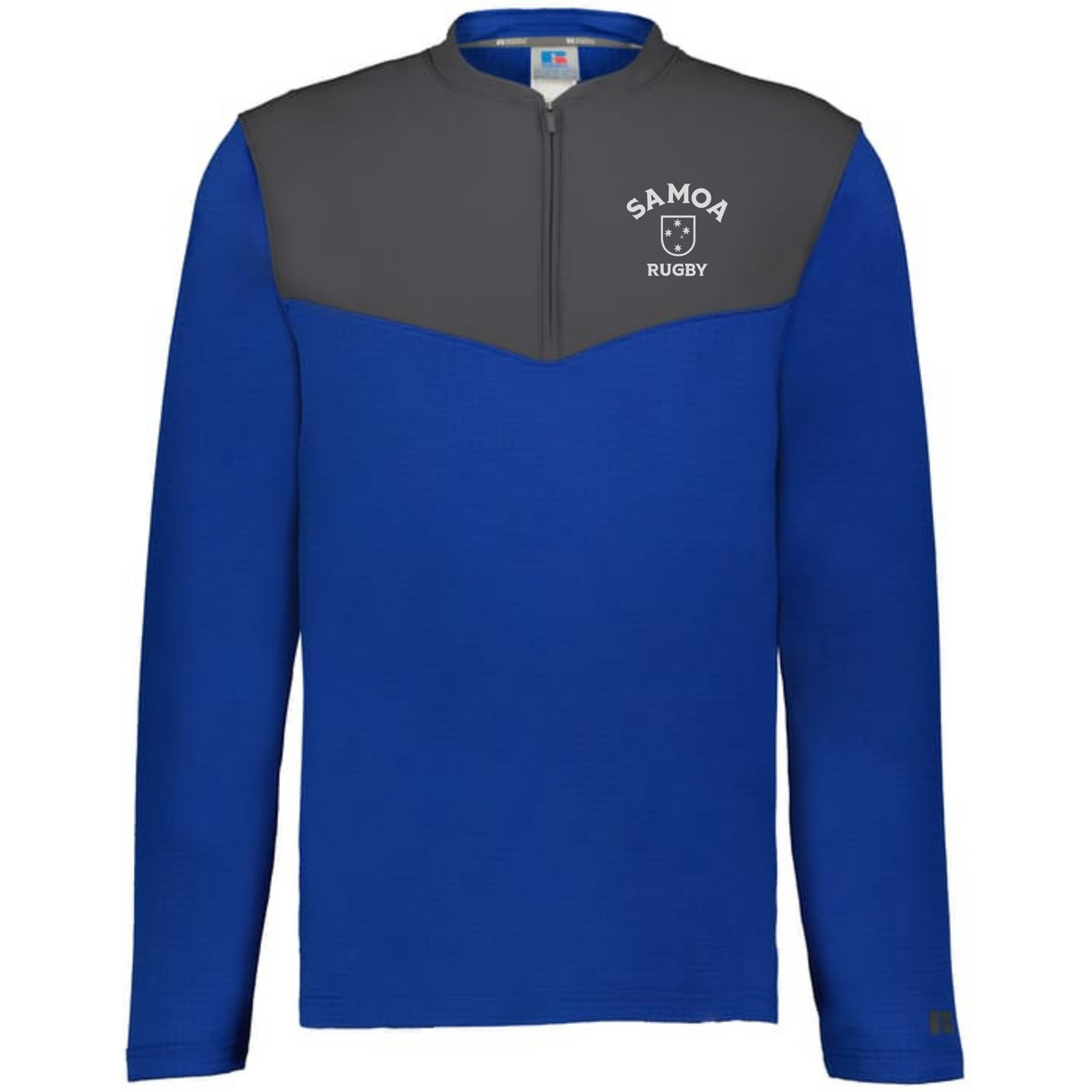 The EMB Augusta Nations of Rugby Samoa Sideline Grid 1/4 Zip Pullover features a blue body, gray chest panel, quarter-zip fleece design, and "Samoa Rugby" shield logo—ideal supporter apparel.