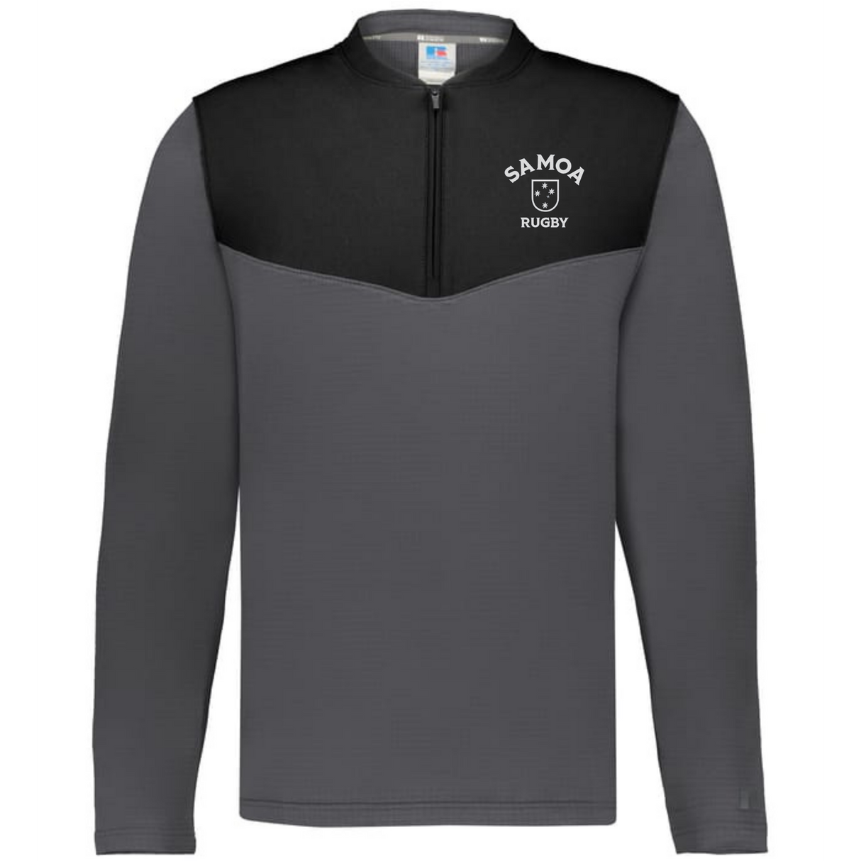 The EMB Augusta Nations of Rugby Samoa Sideline Grid 1/4 Zip Pullover is a grey and black fleece with "SAMOA RUGBY" and a rugby ball logo in white on the left chest—ideal for passionate rugby fans.