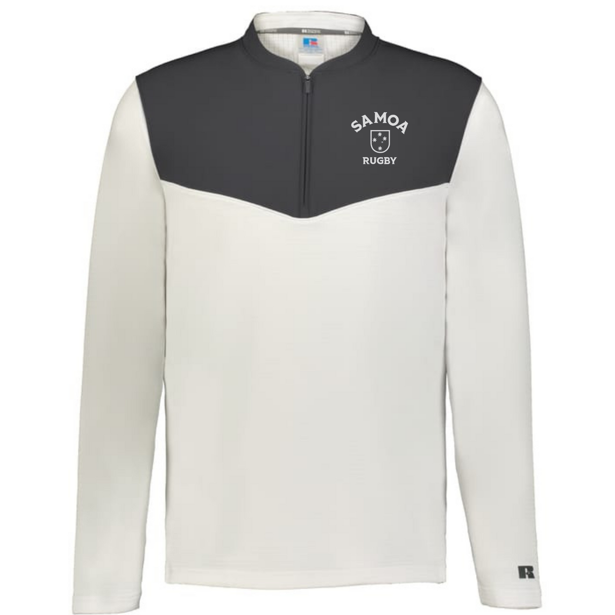 The EMB Augusta Nations of Rugby Samoa Sideline Grid 1/4 Zip Pullover features a dark gray upper and white lower section with "SAMOA RUGBY" text and logo on the left chest—ideal for Samoa rugby fans.