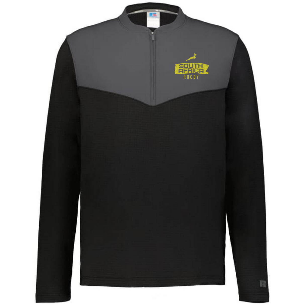 The EMB Augusta Nations of Rugby South Africa Swoosh Sideline Grid 1/4 Zip Pullover is a black and grey long-sleeve pullover with a yellow "South Africa Rugby" logo on the left chest.