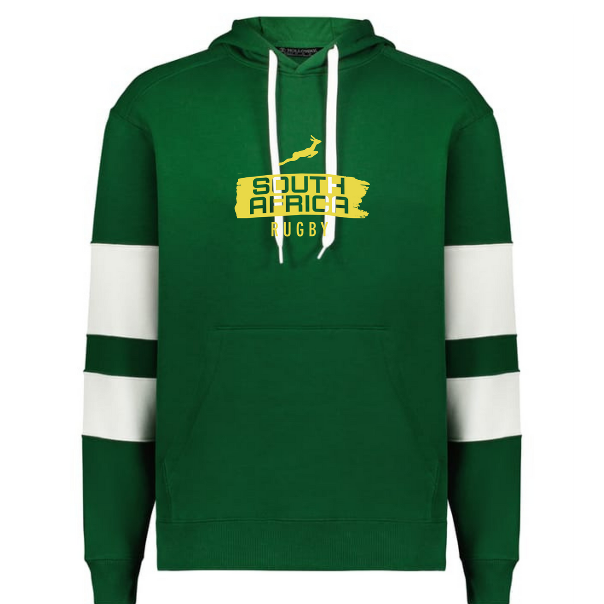 Show your support with the Nations of Rugby South Africa Swoosh Jackson Way Hoodie by WRS Augusta—green with white sleeve stripes, “South Africa Rugby” text, and a yellow springbok. Ideal fan gear!.